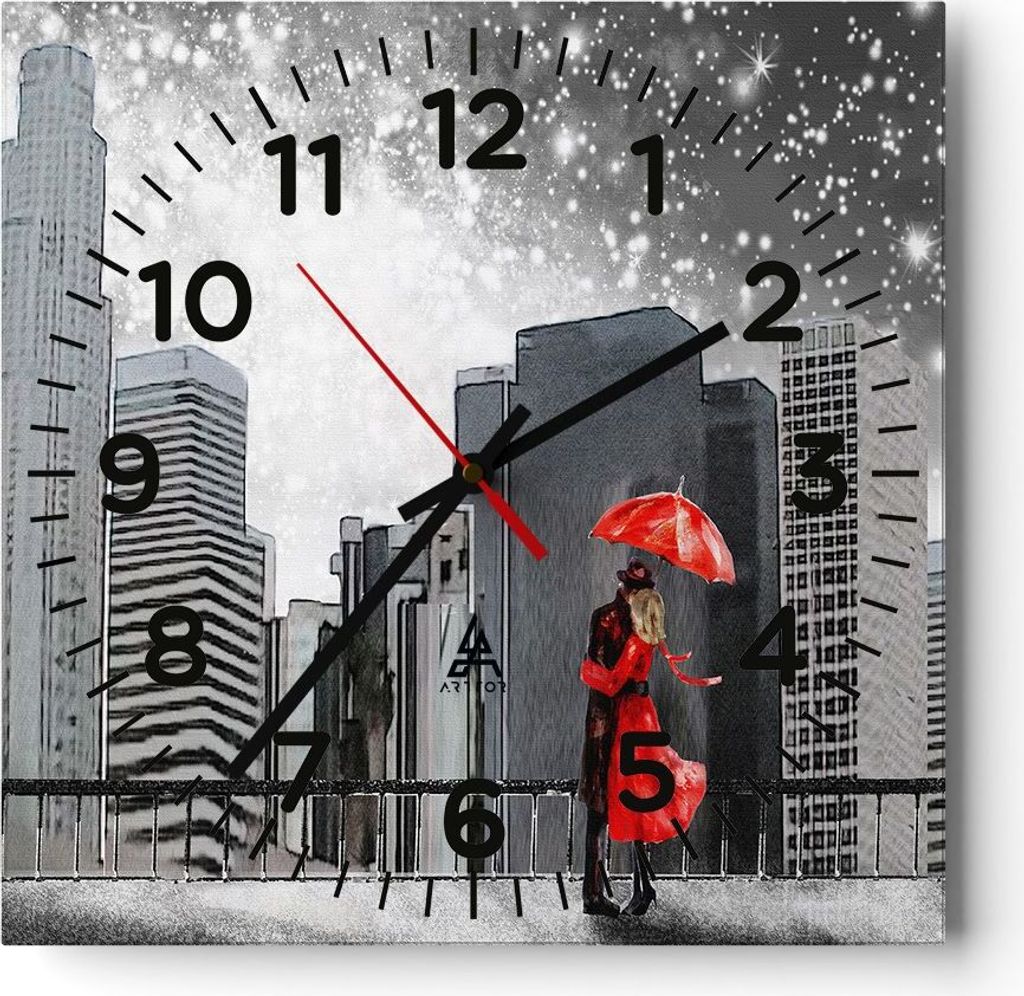 Wanduhr - Quadrat - Glasuhr - Stadt Haus Straße - 30x30cm - Schleichendes Uhrwerk - Lautlos - zum Aufhängen bereit - Dekoration Modern - Wanddeko...