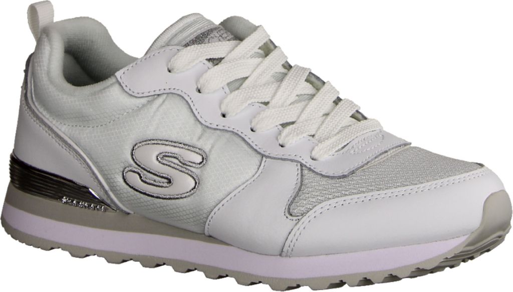 A single white Skechers sneaker is shown from a side angle against a white background.