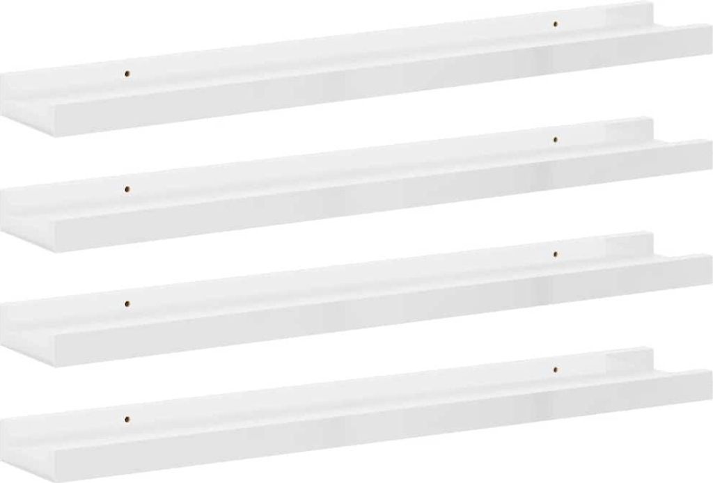 Four white shelves are stacked vertically against a white background.