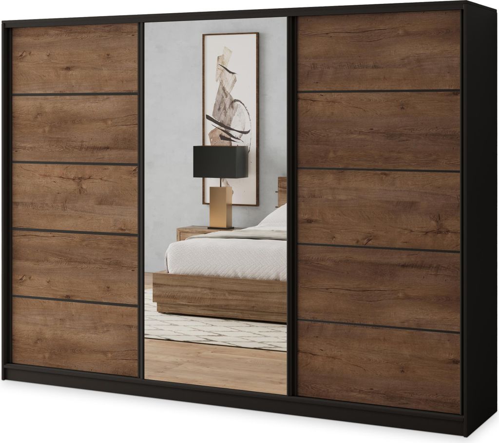 Masseno Schiebetürenschrank NATA 250/205/58 cm Kleiderschrank mit 4 Schubladen Schlafzimmer Schrank 3-türig mit Spiegel Schwarz / Eiche Lefkas