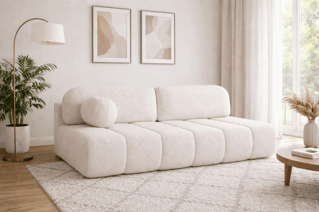 Polstersofa  aus Bouclé, Sofa mit Schlaffunktion und Produktbild 