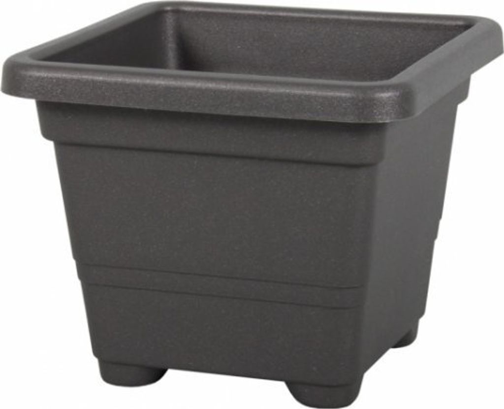 A dark gray square planter pot with a textured surface and a rim around the top. It has four small feet at the bottom.
