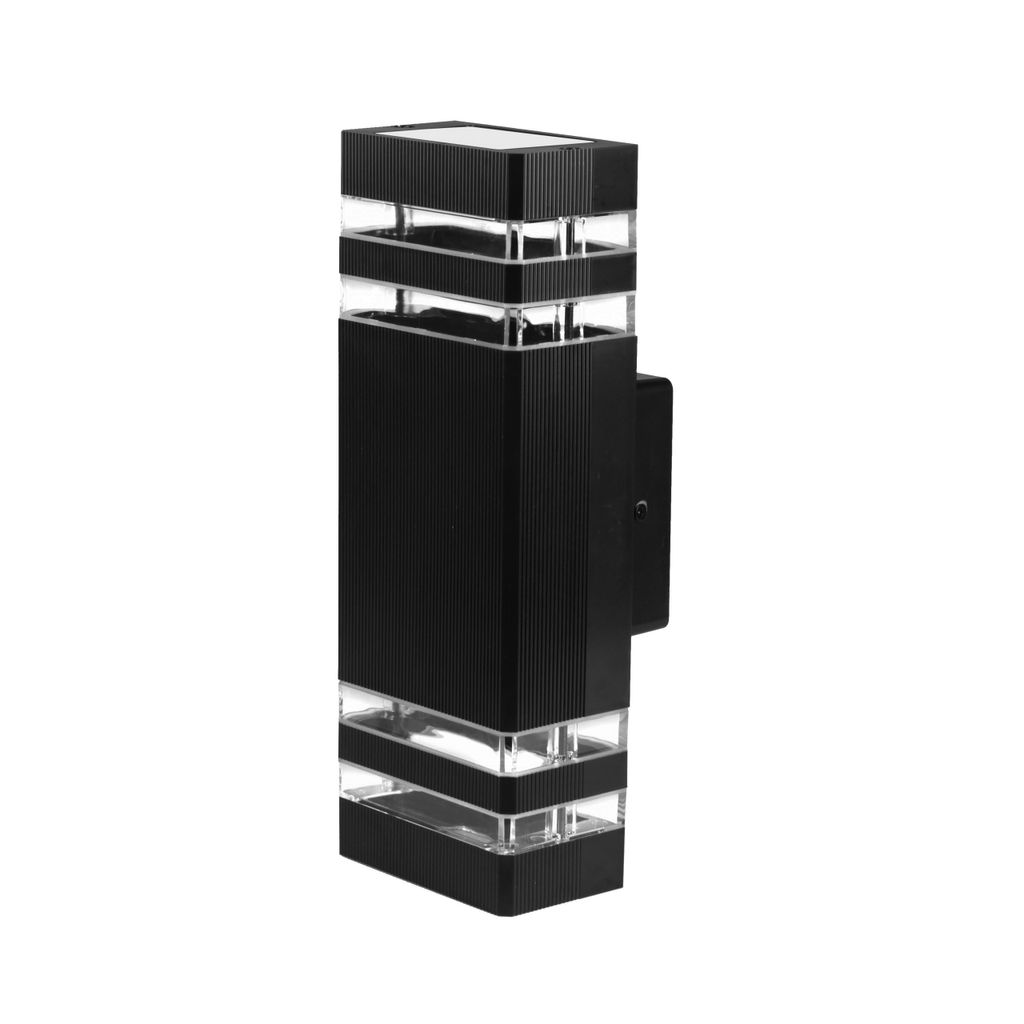 A black outdoor wall light with clear glass panels.