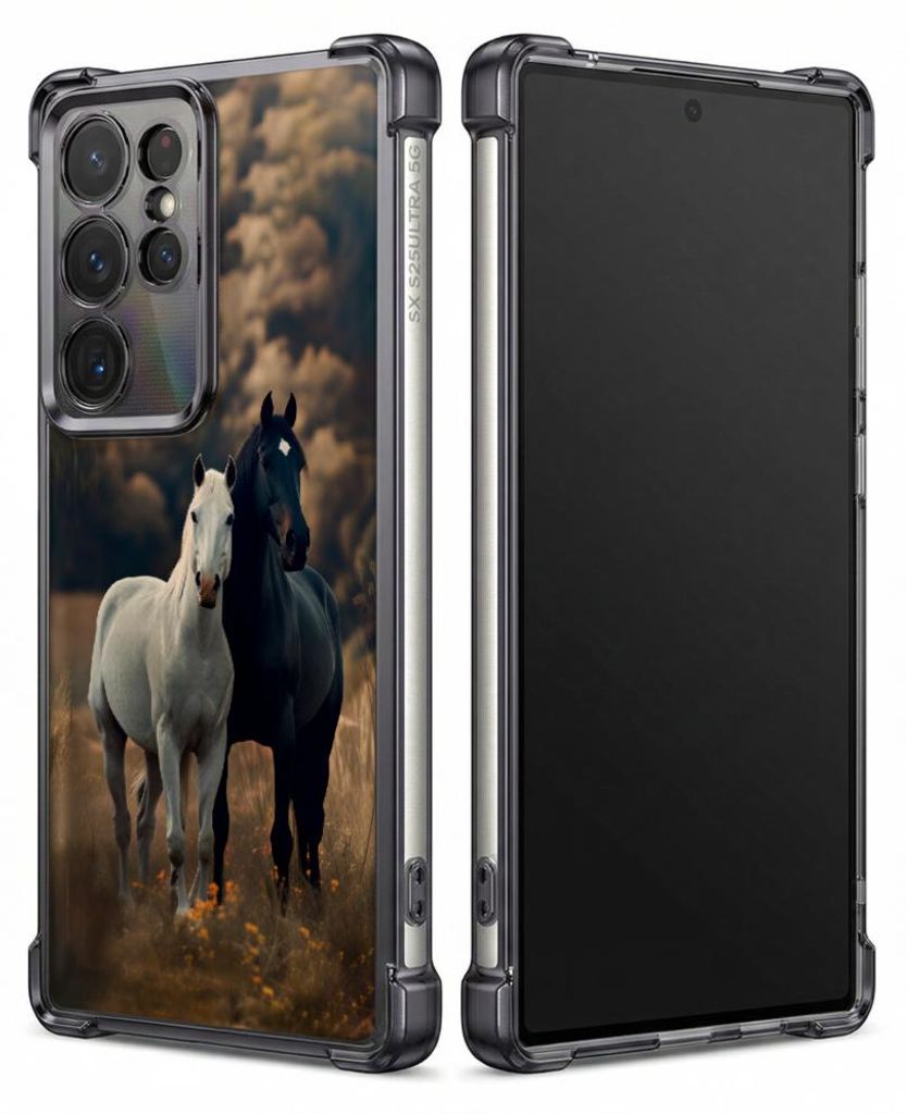 Personalisierte Hülle mit Bild für Samsung Galaxy S26 Elektroplattiert TPU Stoßdämpfer Handyhülle mit Weißes Pferd Schwarzes Pferd Feld Himme...