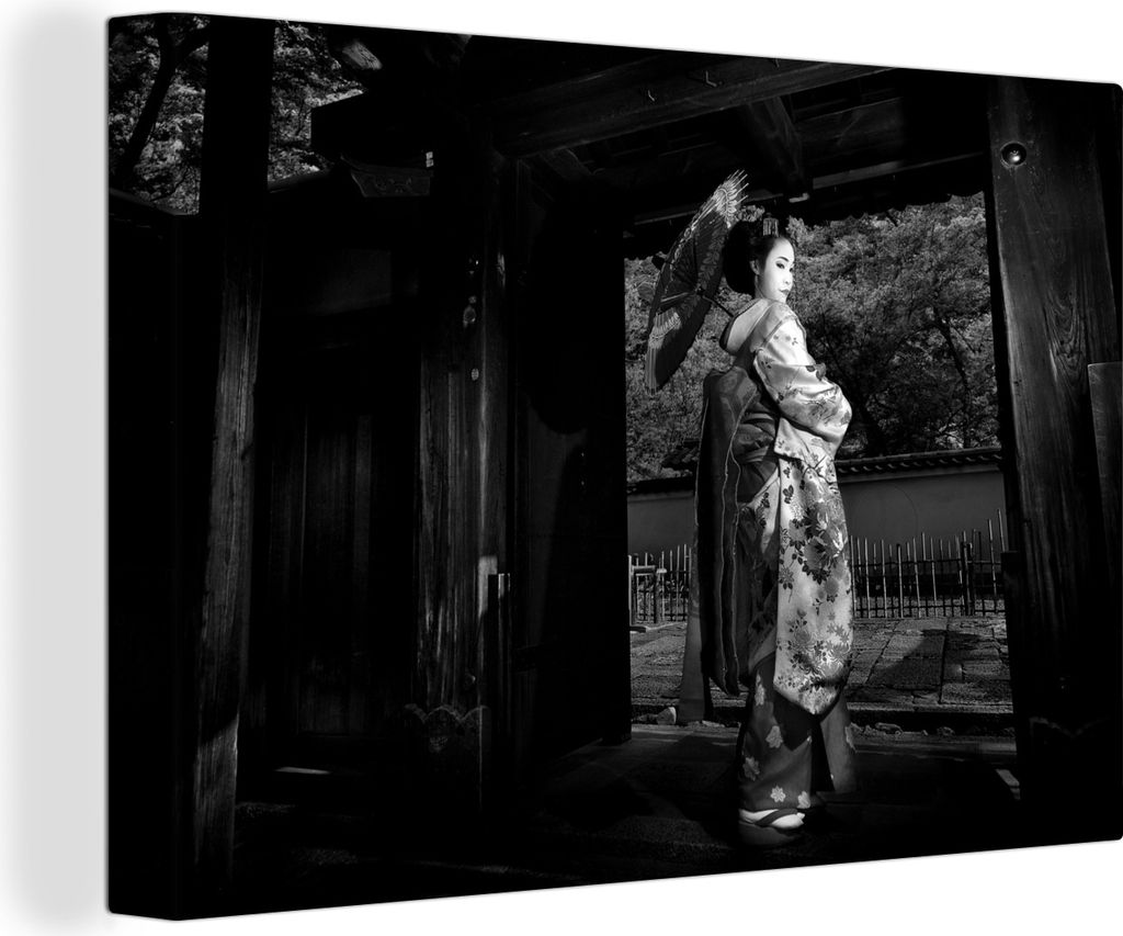 OneMillionCanvasses - Leinwandbilder - 140x90 cm, Geisha in Gion in Japan - schwarz und weiß, Wandbilder Kunstdruck Wanddekoration