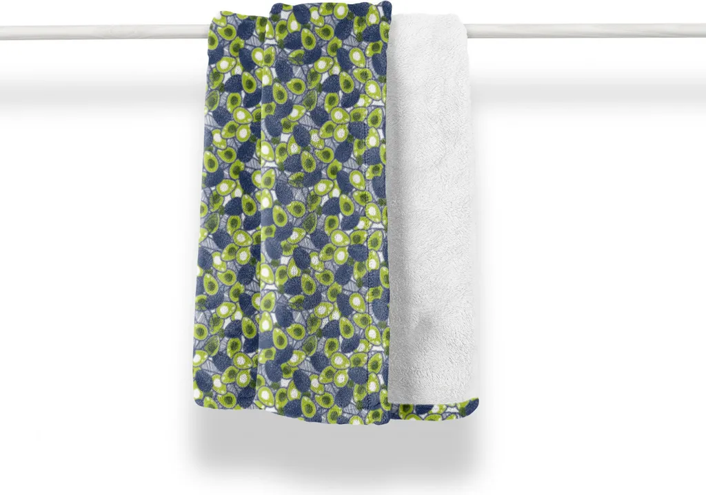 ABAKUHAUS Coperta in morbido pile di flanella con motivo avocado, articoli con taglio e frutta intera, morbido peluche per interni ed esterni, 125 x 175 cm, blu mare e verde mela
