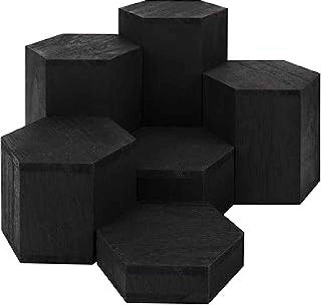 BELLE VOUS 6er Pack Schwarzer Sechseck Dekosäule Holz Podest Holz Displays - Vintage Deko Holzklotz für Regale & Arbeitsplatten - Sockel für Sku...