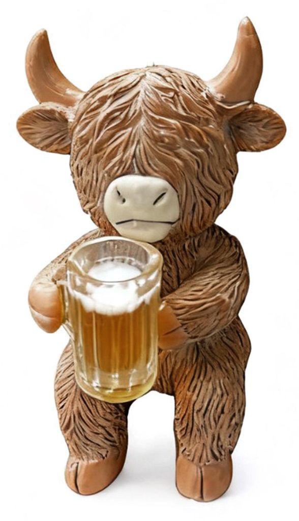 Hochlandrind-Figur mit Wein- und Bierkrug, Hochlandrind-Statue aus Kunstharz, Tierfigur für den Garten, Blumentopf-Dekoration