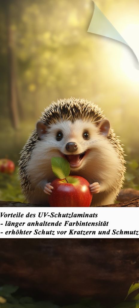 Wallario selbstklebende Türtapete 93 x 205 cm mit Schutzlaminat - Lächelnder Igel mit Apfel