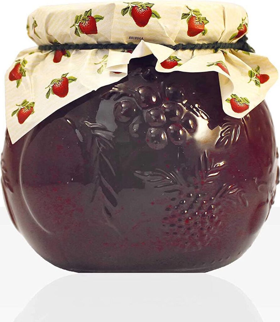 A jar of strawberry jam with a decorative lid and embossed fruit design on the glass.