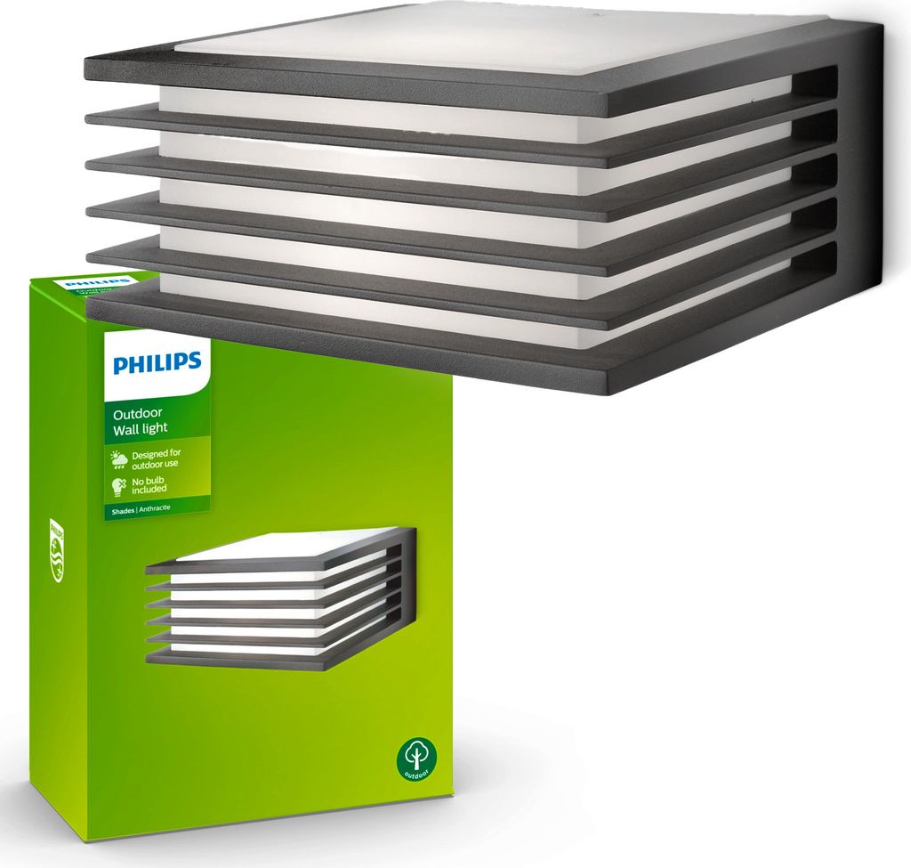 A Philips outdoor wall light and its packaging are shown against a white background.