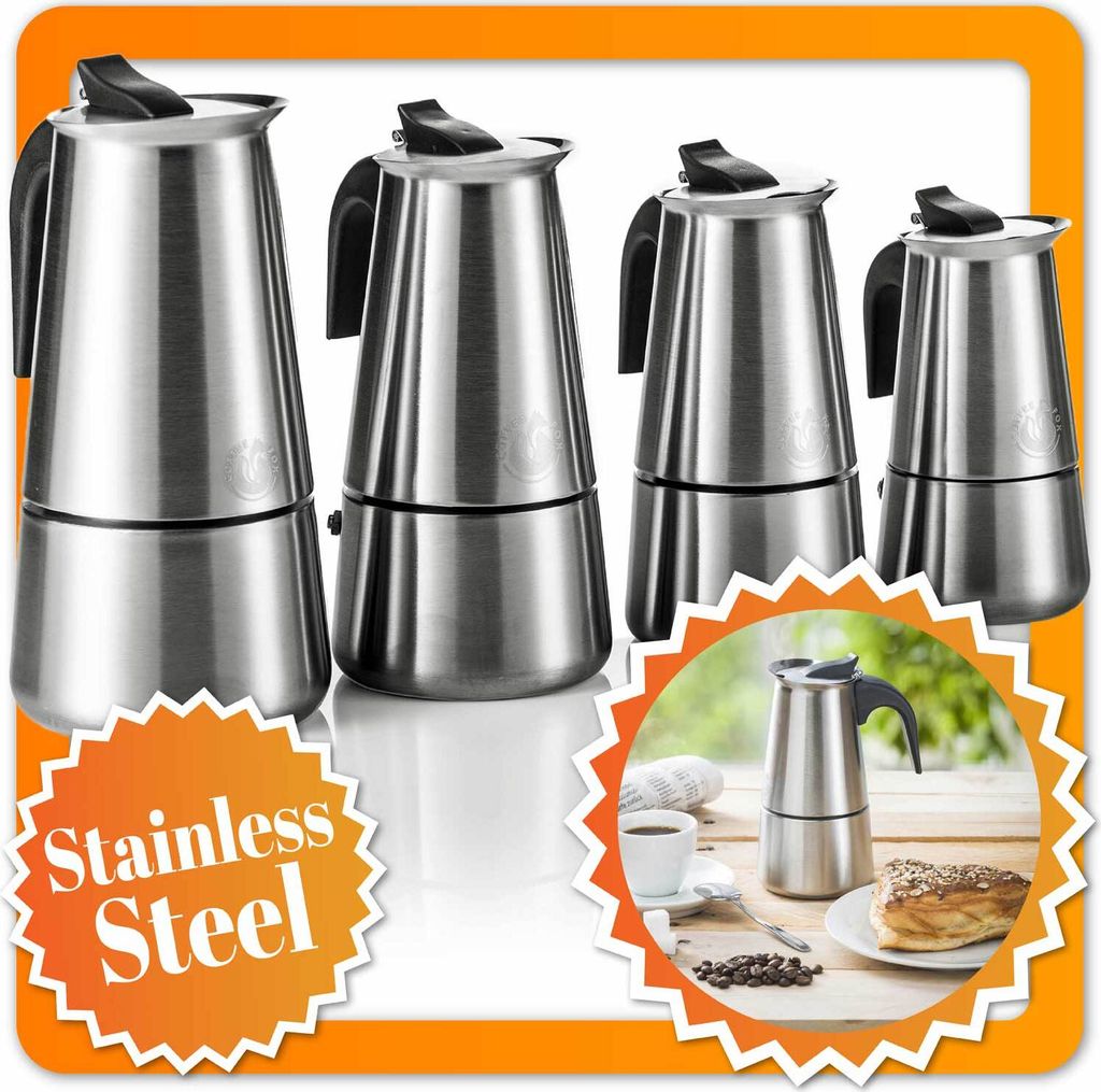 A collage of stainless steel coffee makers, some with an orange, starburst-shaped overlay containing text.