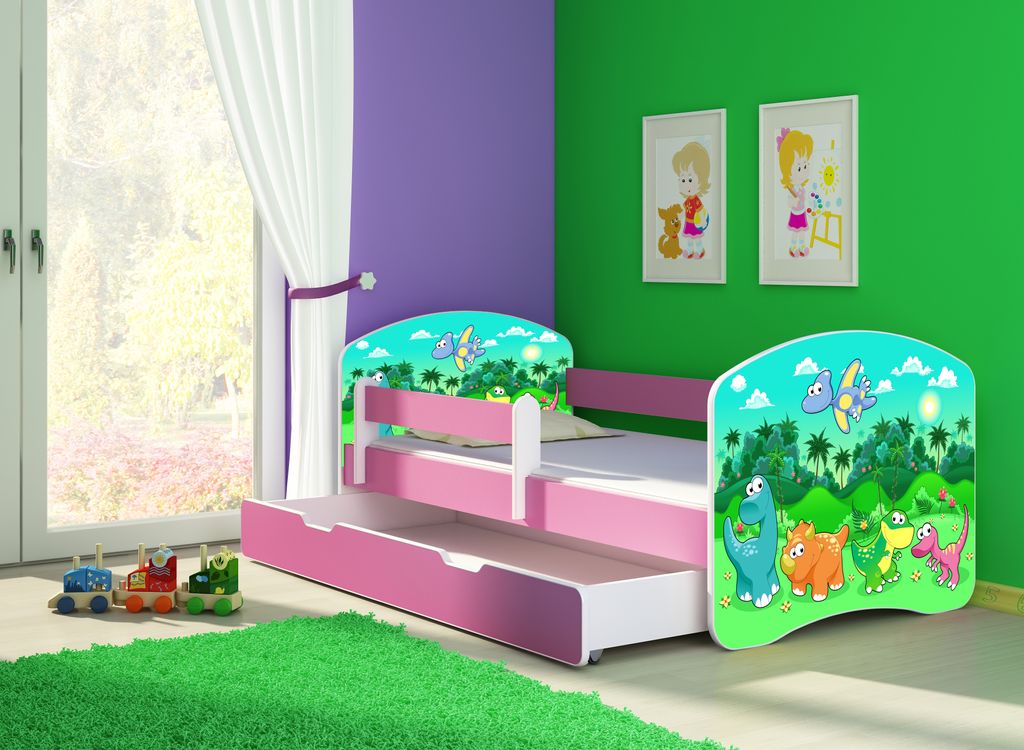 ACMA Jugendbett Kinderbett Junior-Bett Komplett-Set mit Matratze Lattenrost und Rausfallschutz Rosa 30 Dino 140x70 + Bettkasten
