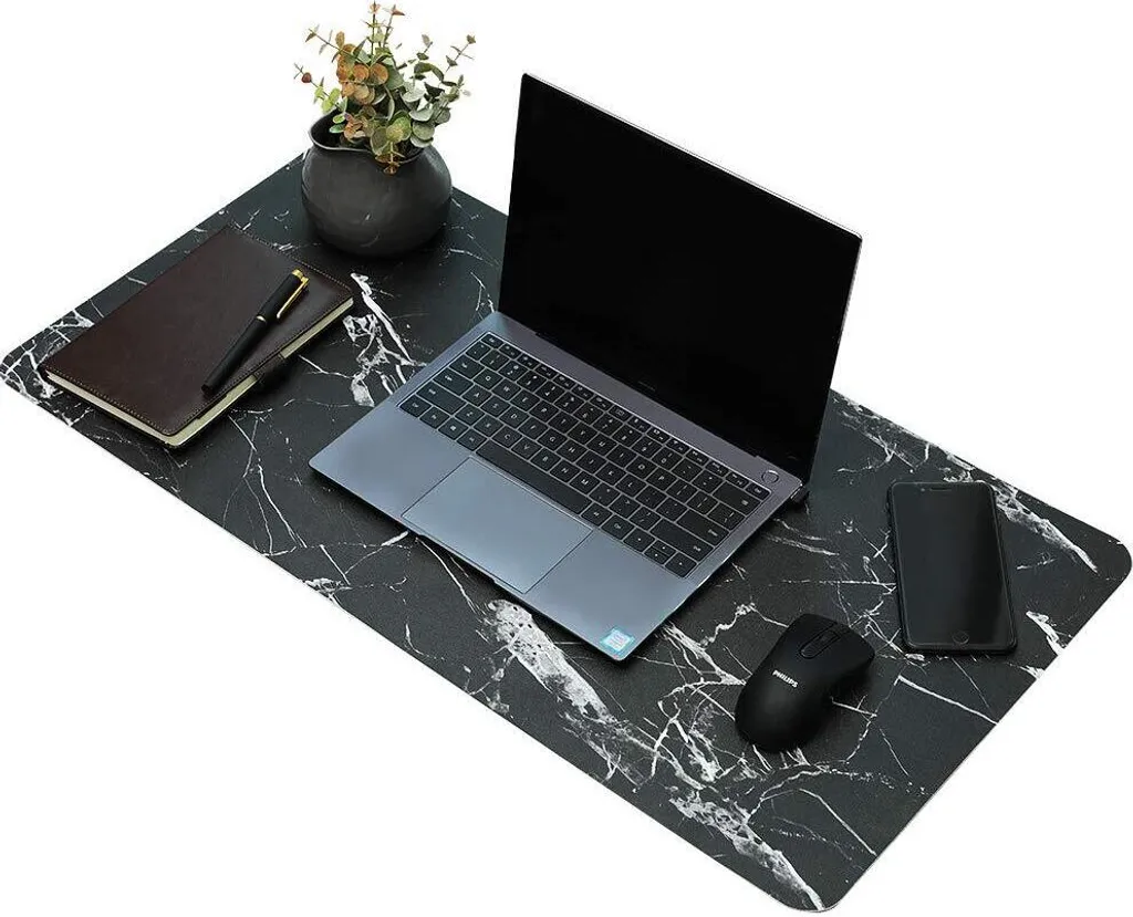 INF Sous-main de bureau 89x44 cm en cuir noir et marbre élégant