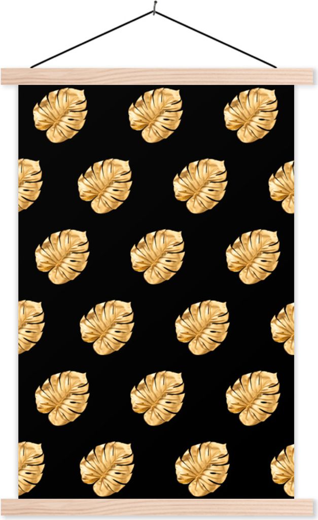MuchoWow Textilposter Gold - Monstera - Muster 60x90 cm mit holzfarbenen Rahmen - Textil