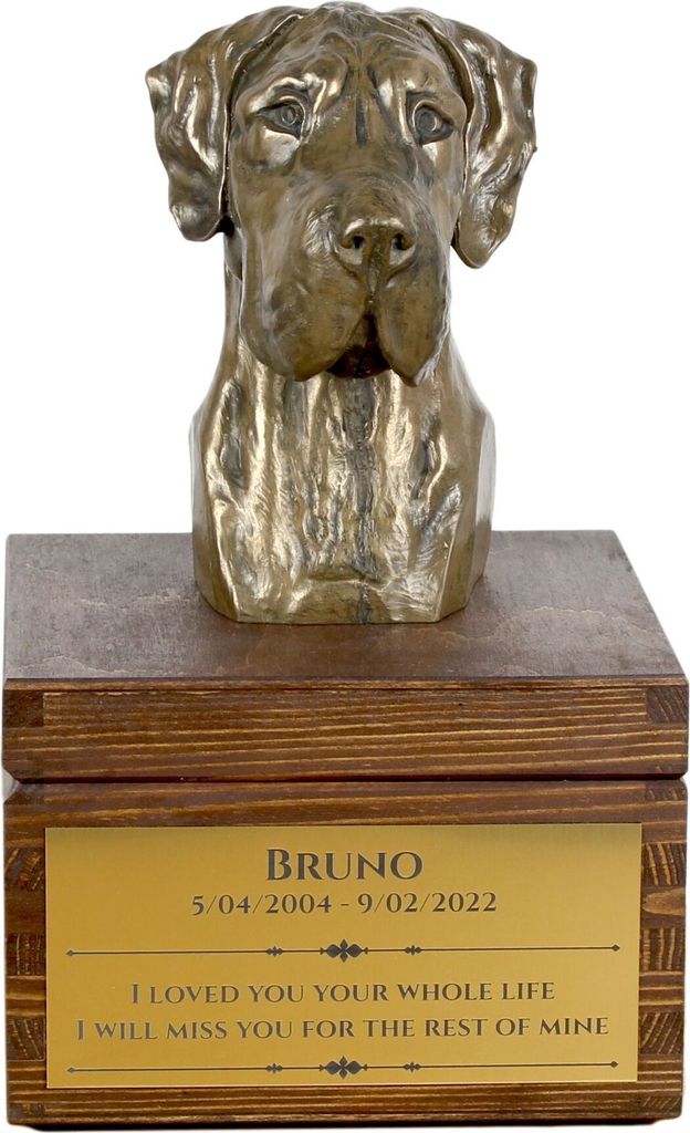 Deutsche Dogge, Ulmer Dogge, Große Dogge II - Eine Ascheurne für Hunde mit einer Statuette, eine kleine Urne für Hunde, eine personalisierte Urn...
