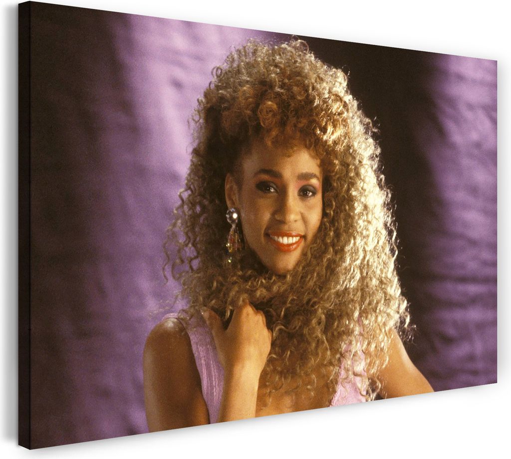 Leinwandbild (120x80cm): Whitney Houston in jungen Jahren mit Dauerwelle, echter Holz-Keilrahmen inkl. Aufhänger, handgefertigt in Deutschland