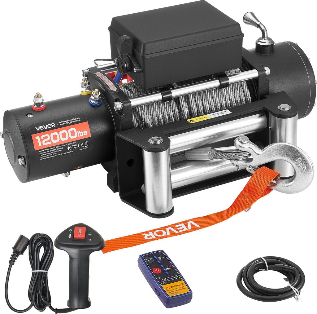 VEVOR Elektrische Seilwinde, 5400 kg, 12 V DC Elektrowinde mit 24 m Stahlseil, kabellose & kabelgebundene Fernbedienung, IP55 Offroadwinde zum Absc...