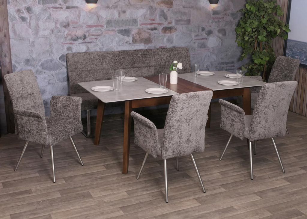 Esszimmer-Set HWC-G55, 4er-Set Stuhl mit Armlehne+Sitzbank 180cm, Edelstahl gebürstet Stoff/Textil Chenille dunkelgrau
