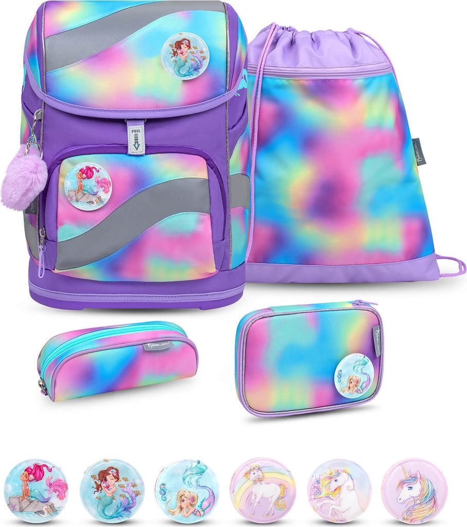 Belmil Smarty ergonomisches Schulranzen Set 5-teilig "Rainbow Color" mit Brustgurt, Hüftgurt, Magnetverschluss, Patch Set 6 Stück