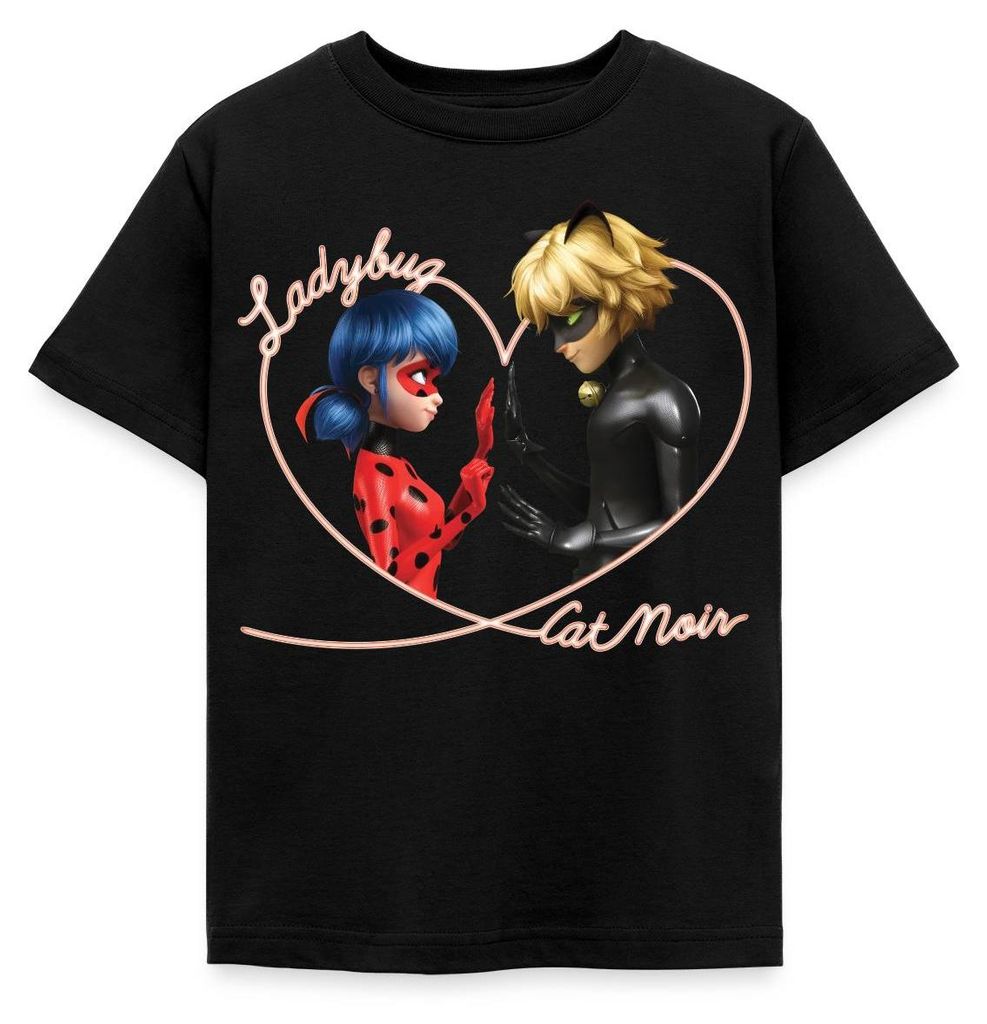 Spreadshirt Miraculous Ladybug Und Cat Noir Herz Kinder T-Shirt, 122/128 (7-8 Jahre), Schwarz
