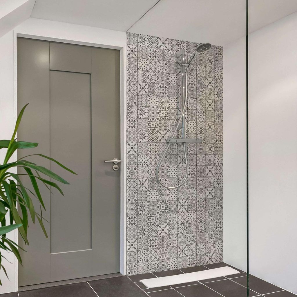 Duschrückwand Muster selbstklebend - 0.35 mm Wandpaneel wasserfest Design grau Fliesenoptik Illustration Badrückwand fugenlos Smart matt 110x200 cm