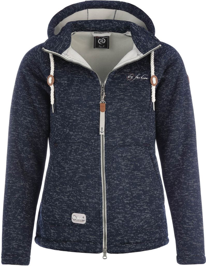 Dry Fashion Damen Fleece-Jacke Föhr - Fleecejacke Strickjacke Sweatshirtjacke Damen Outdoor Jacke mit Kapuze und Reißverschluss in Navy-Melange G...