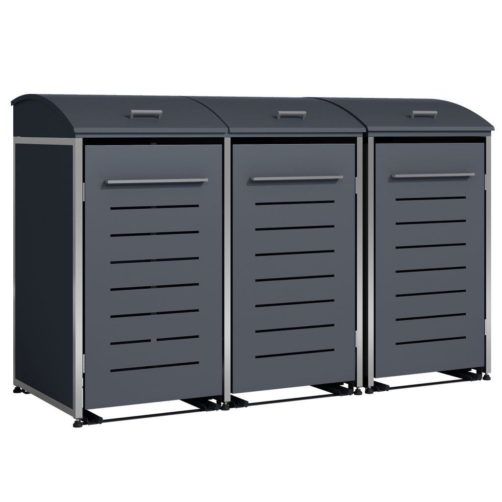 A set of three dark gray trash bins with silver trim, presented on a white background.