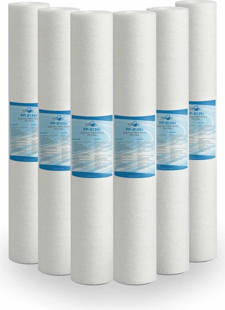 A group of six white cylindrical water filters arranged in a row.