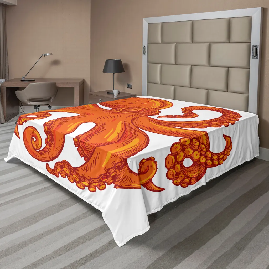 Drap plat pieuvre orange et blanc ABAKUHAUS 275 x 260 cm en tissu doux