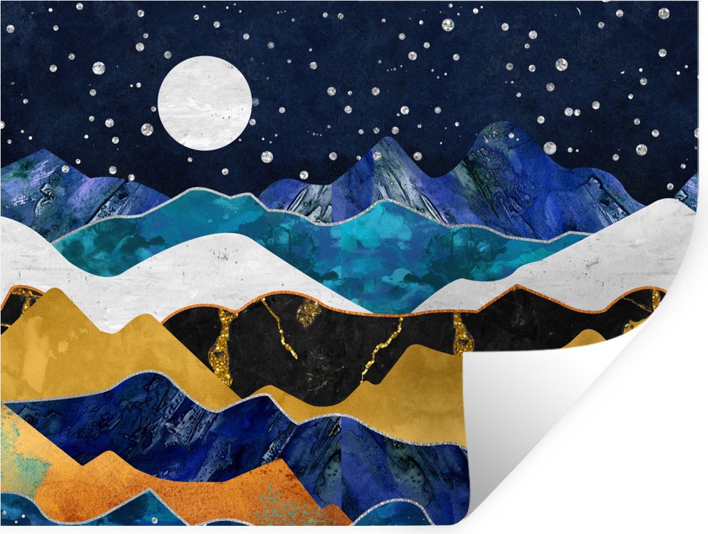 MuchoWow Wandtattoo Wandsticker Wandaufkleber Nacht - Gold - Marmor - Abstrakt - Landschaft - Berg 160x120 cm Selbstklebend und Repositionierbar ...