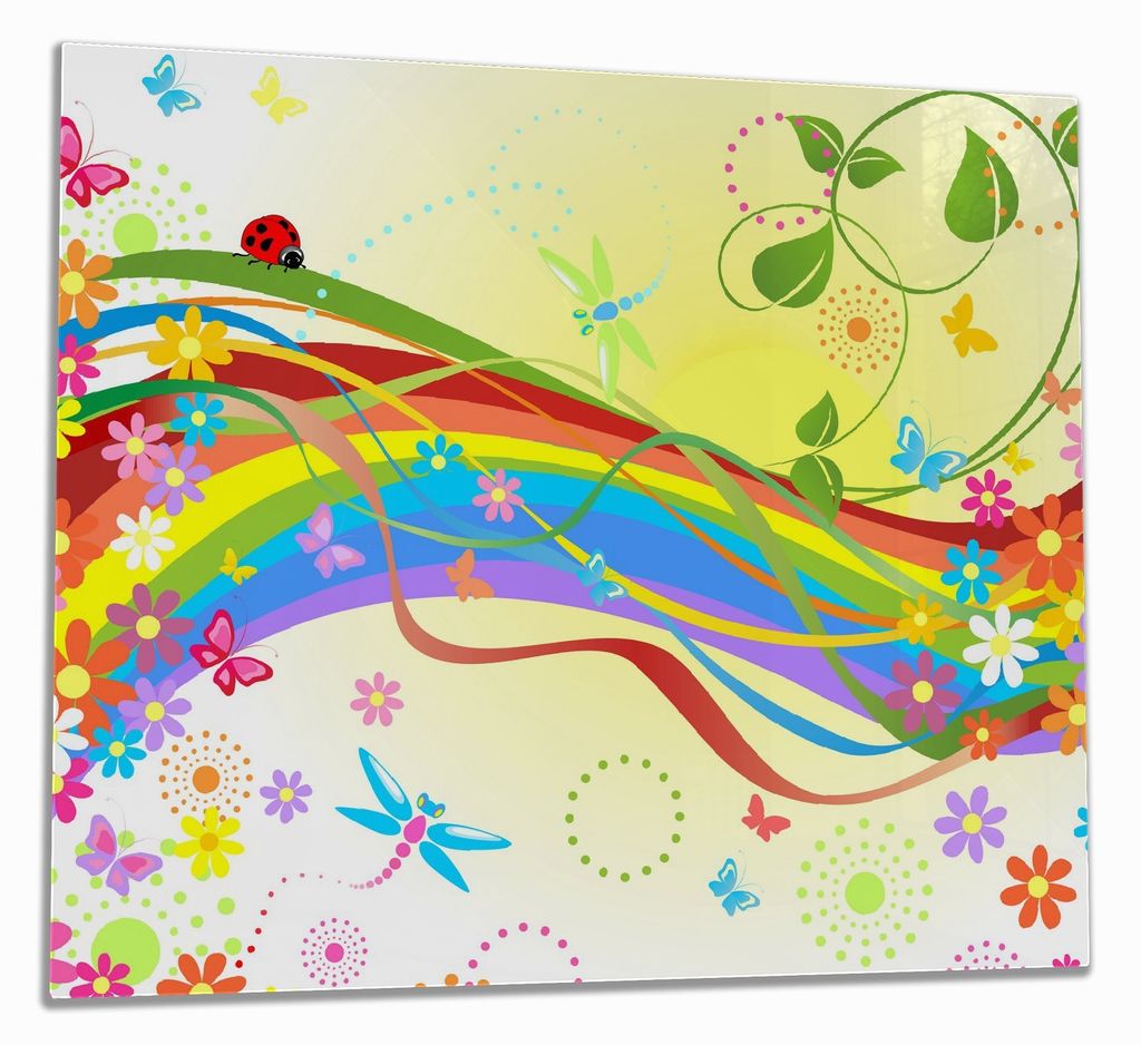 Wallario Herdabdeckplatte aus Glas, Größe 60 x 52 cm 1-teilig, Motiv Regenbogen im Sommer - Bienchen und Blümchen