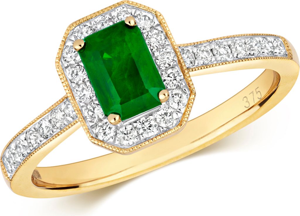 Funkelndes Feuer Raffinierter 9 Karat (375) Gold Cluster Diamant Ring Brillant-Schliff 0.27 Karat HI - I1 mit Smaragd, 58 (18.5); TRS292509KYRSQ