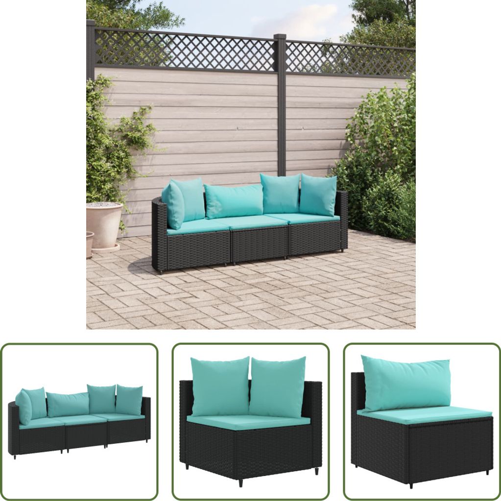 The Living Store 3-tlg. Garten-Sofagarnitur mit Kissen Schwarz Poly Rattan
