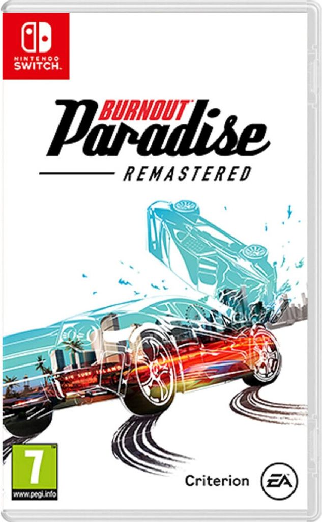 The image is a product shot of the Burnout Paradise Remastered video game for Nintendo Switch.