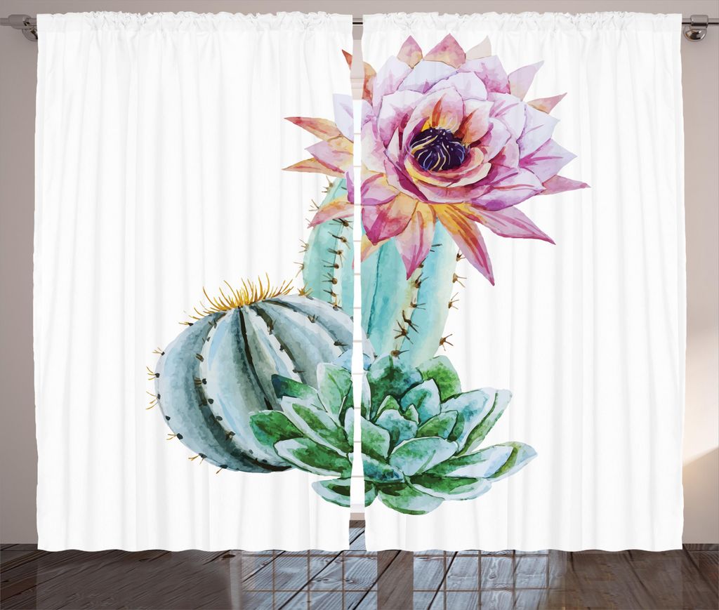 ABAKUHAUS Natürlich Rustikaler Vorhang, Kaktusblume und -Spitze, Wohnzimmer Universalband Gardinen mit Schlaufen und Haken, 280 x 225 cm, Grün Ro...