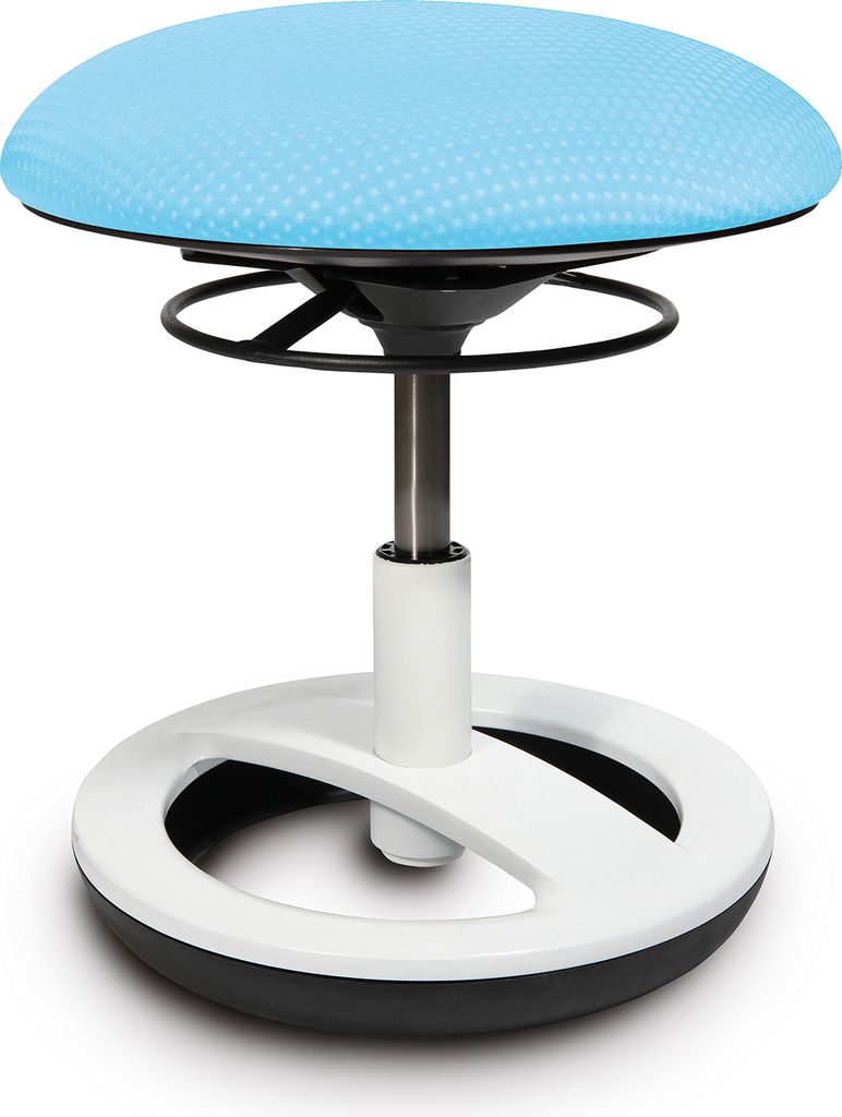 A studio shot of a blue and white adjustable stool.