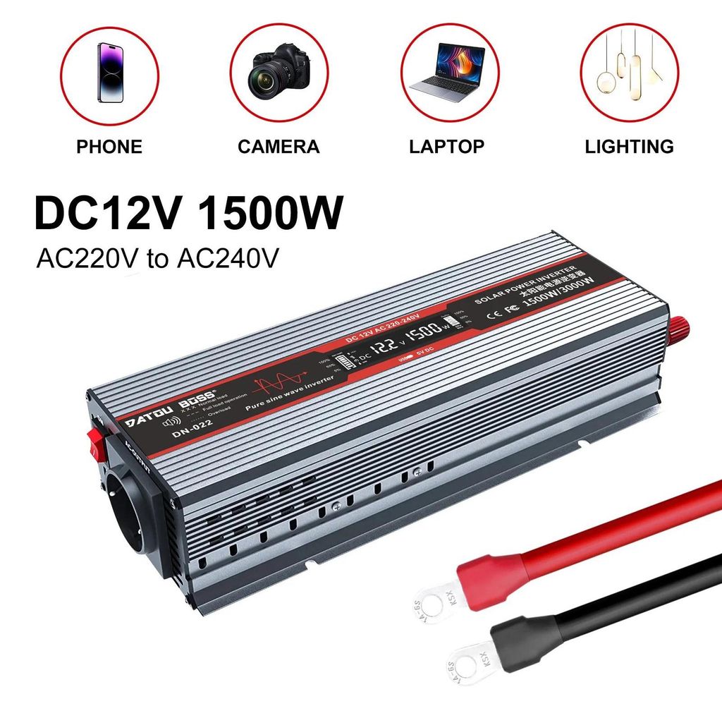 Wechselrichter - DN-022 - Reiner Sinus - 12V DC auf 220–240V AC - 1500W Dauerleistung - 50Hz - EU‐Steckdose - Grau