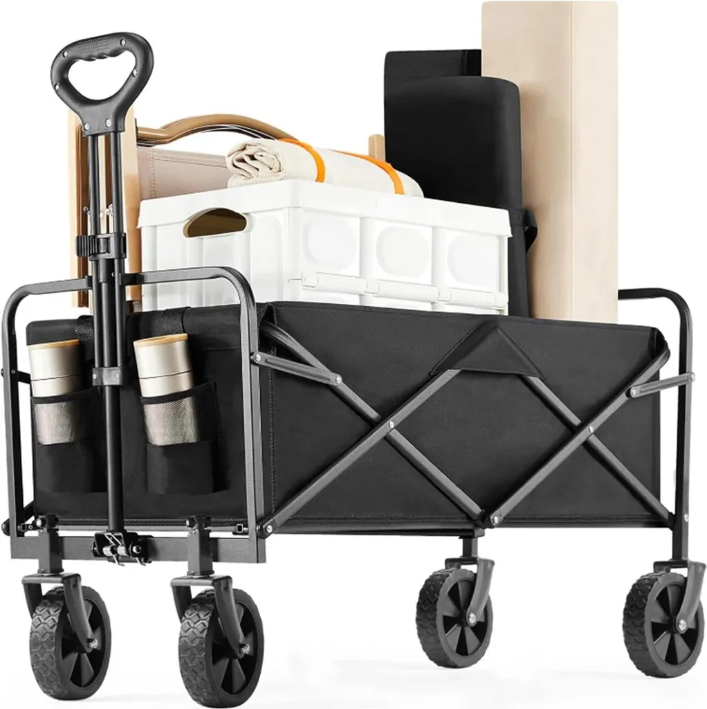 Chariot de jardin noir anti-mal de dos avec poignée réglable 4 roues