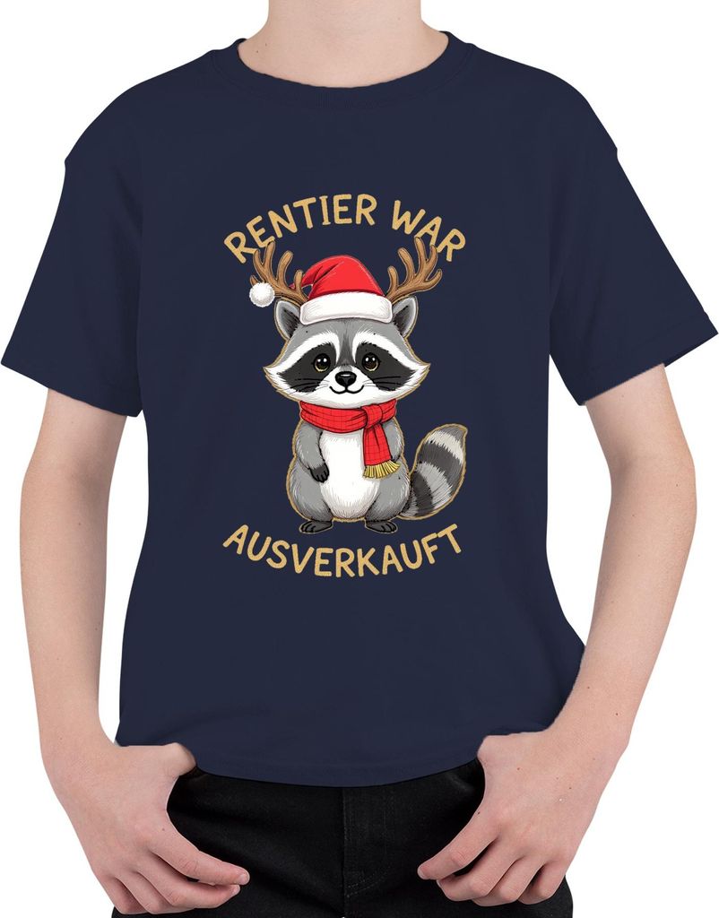 Rentier war t Waschbär Weihnachten Geschenk lustig Uni Kinder T-Shirt, Navy, 128