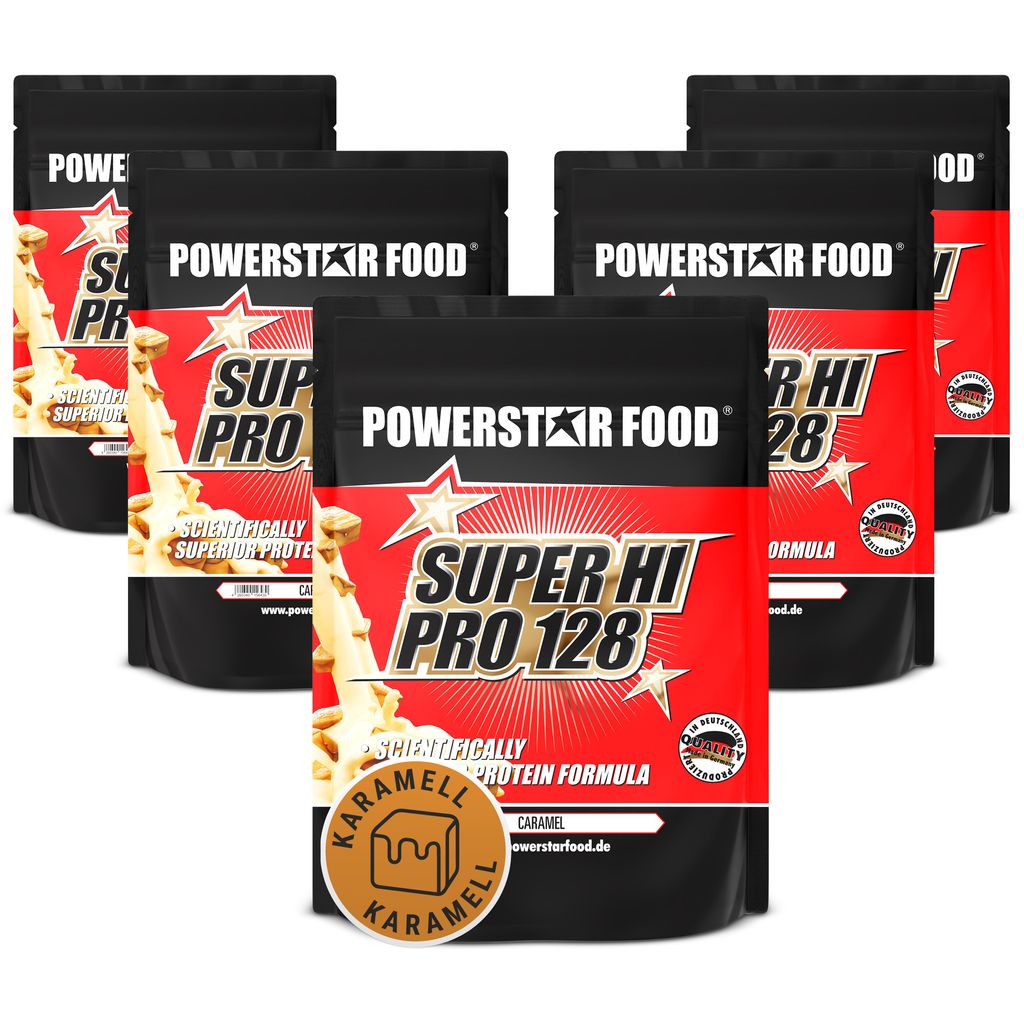 Powerstar SUPER HI PRO 128 | Mehrkomponenten Protein-Pulver 5x1kg | Höchste Biologische Wertigkeit | Protein-Shake zum Muskelaufbau | Caramel