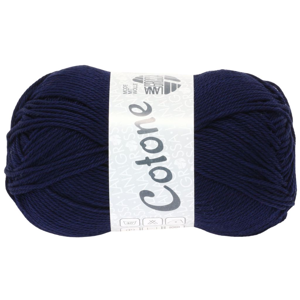 A ball of dark blue yarn on a white background.