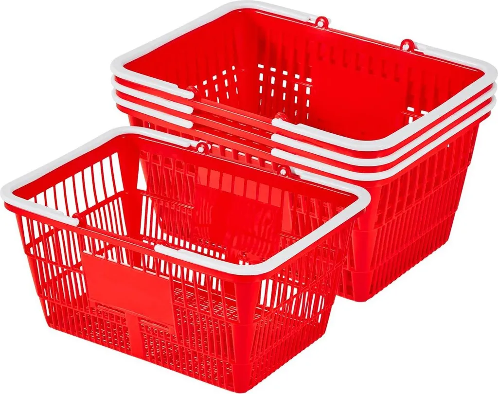 Lot de 4 Paniers de Courses de 21L en Plastique Rouge avec Poignées