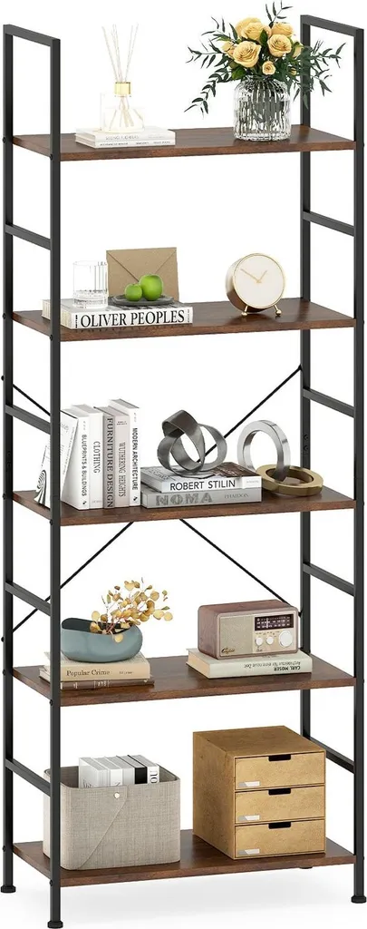 Étagère bureau 160 cm pour dossiers et livres, bois rustique et acier noir