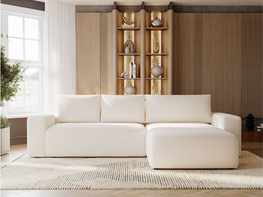 GrainGold Ecksofa L-Form Tazones Rechts - Ecksofa mit Schlaffunktion, Bettkasten - Moderne Ecksofa, Wohnzimmer Sofa - Eckcouch Creme (Komodo 10)