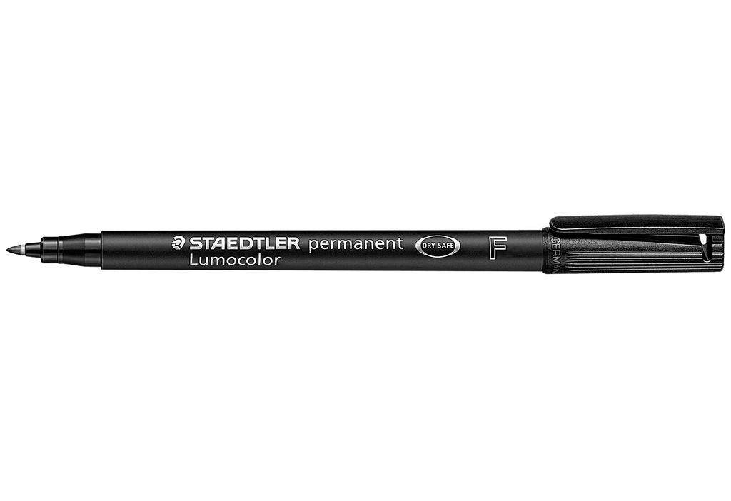 A black Staedtler Lumocolor permanent marker is shown horizontally against a white background.