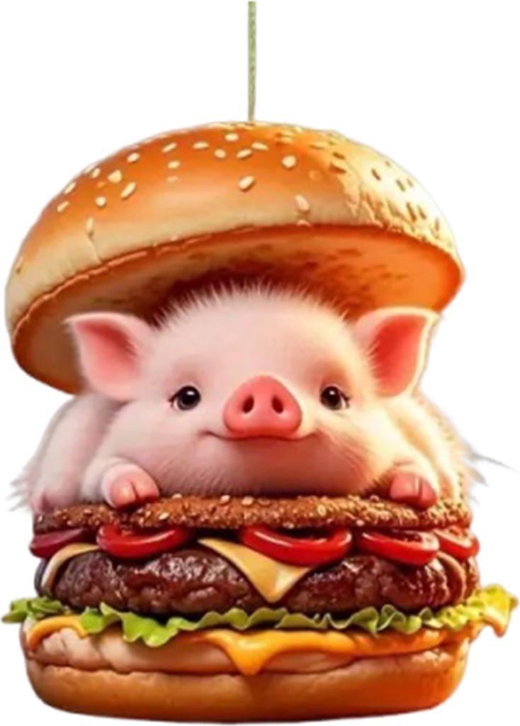 Burger-Schweinchen-Autoanhänger, 2D, flache Acryl-Hängedekorationen, Auto-Innendekor, Rucksack-Charm, Geschenk für Autoliebhaber