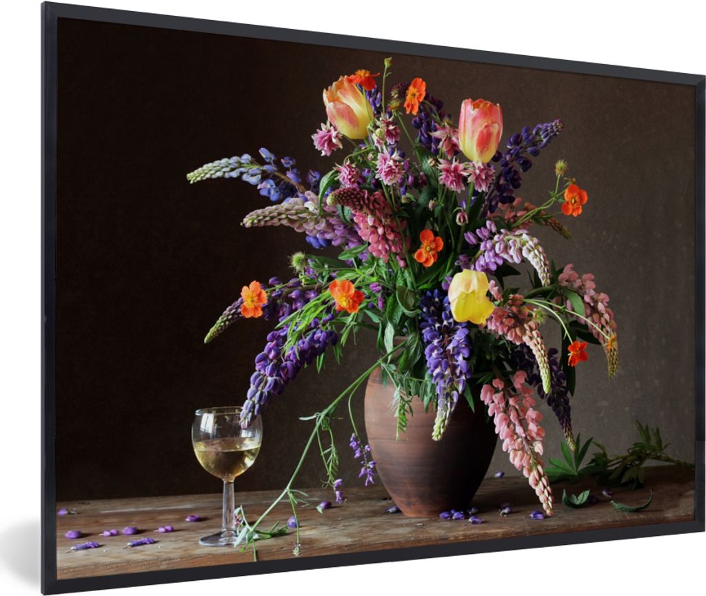 MuchoWow Gerahmtes Poster Stillleben - Wein - Blumen 60x40 cm - Poster mit Schwarzem Bilderrahmen Wandposter Rahmen Foto Bilder - Printing - Wand...
