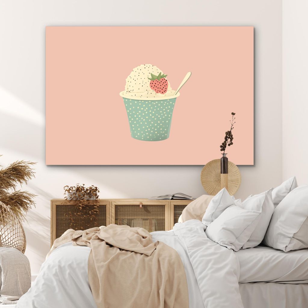 MuchoWow Wanddekoration Metall Metallbild Wandkunst 150x100 cm Tablett - Eiscreme - Erdbeere - Rosa MuchoWow Aluminium Gemälde - Alu Dibond Bild