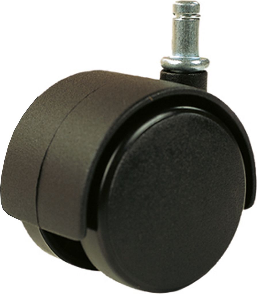 A close-up studio shot of a black office chair caster wheel.